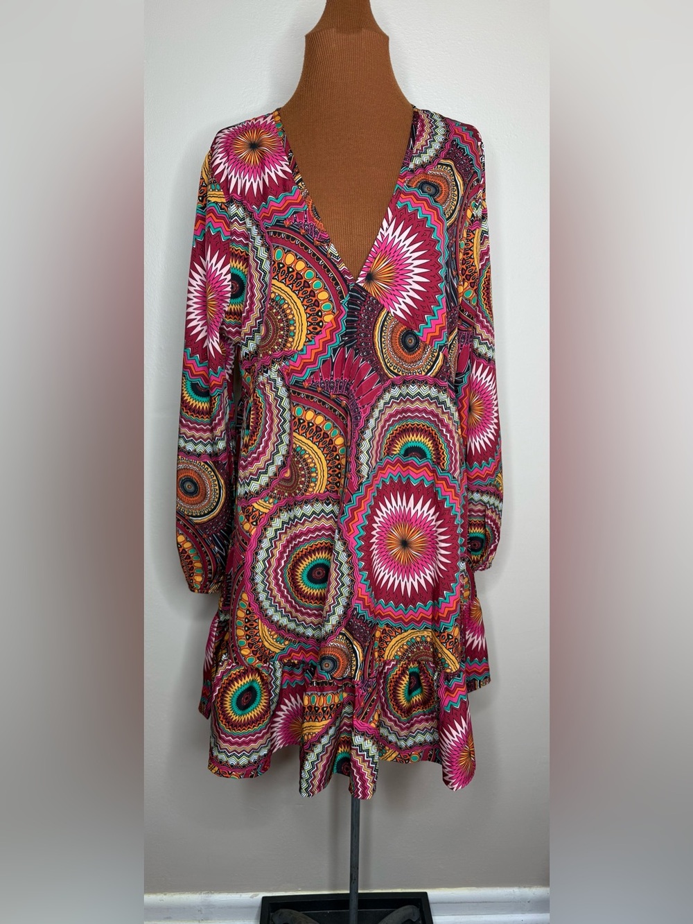 Brown Coco Vibrant Pink Multicolor Boho Dress Size XL